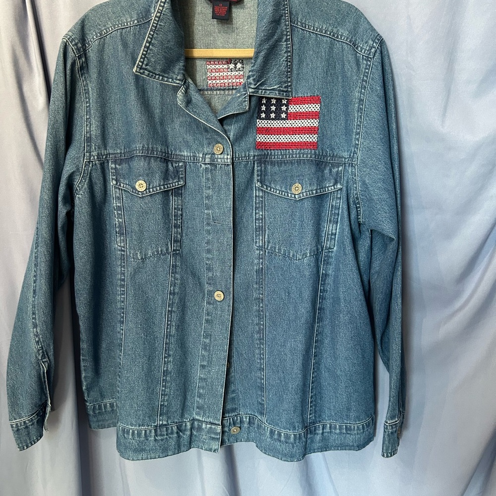 Blue jeans jacket by Denim and Co. The embrodered flag stands out.